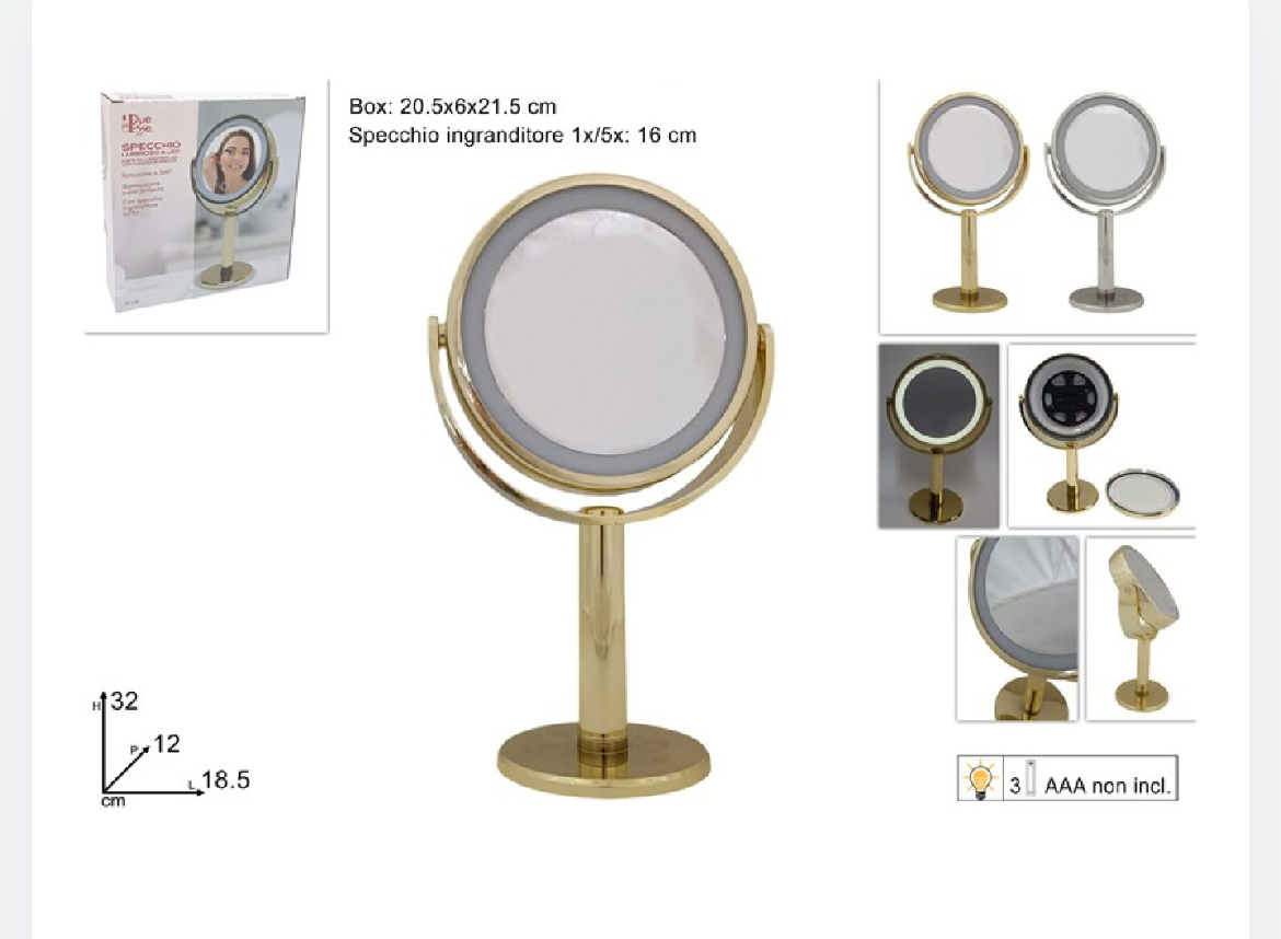 SPECCHIO LUMINOSO DIAM. 16,5cm PER TRUCCO 1X/5X CON BASE BATTERIE