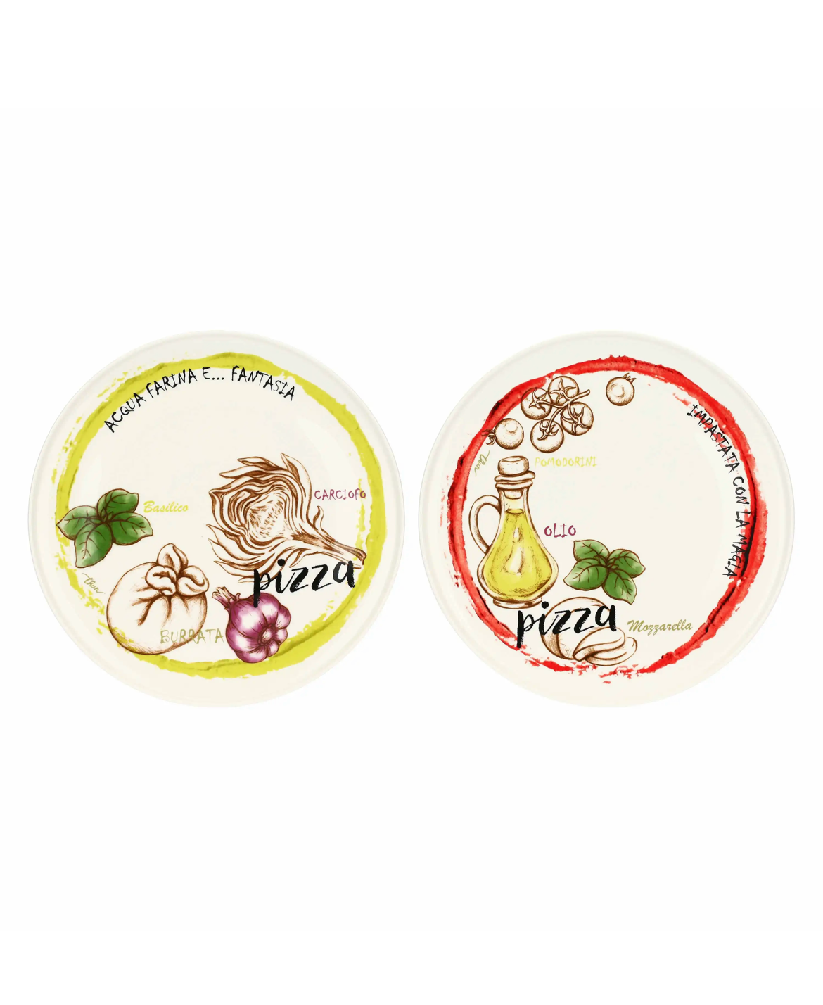 Set 2 piatti pizza Acqua e Farina, rosso e giallo
