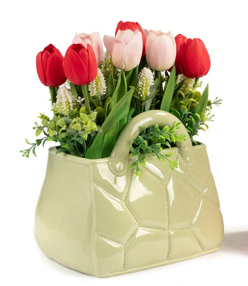 Vaso borsa con tulipani artificiali